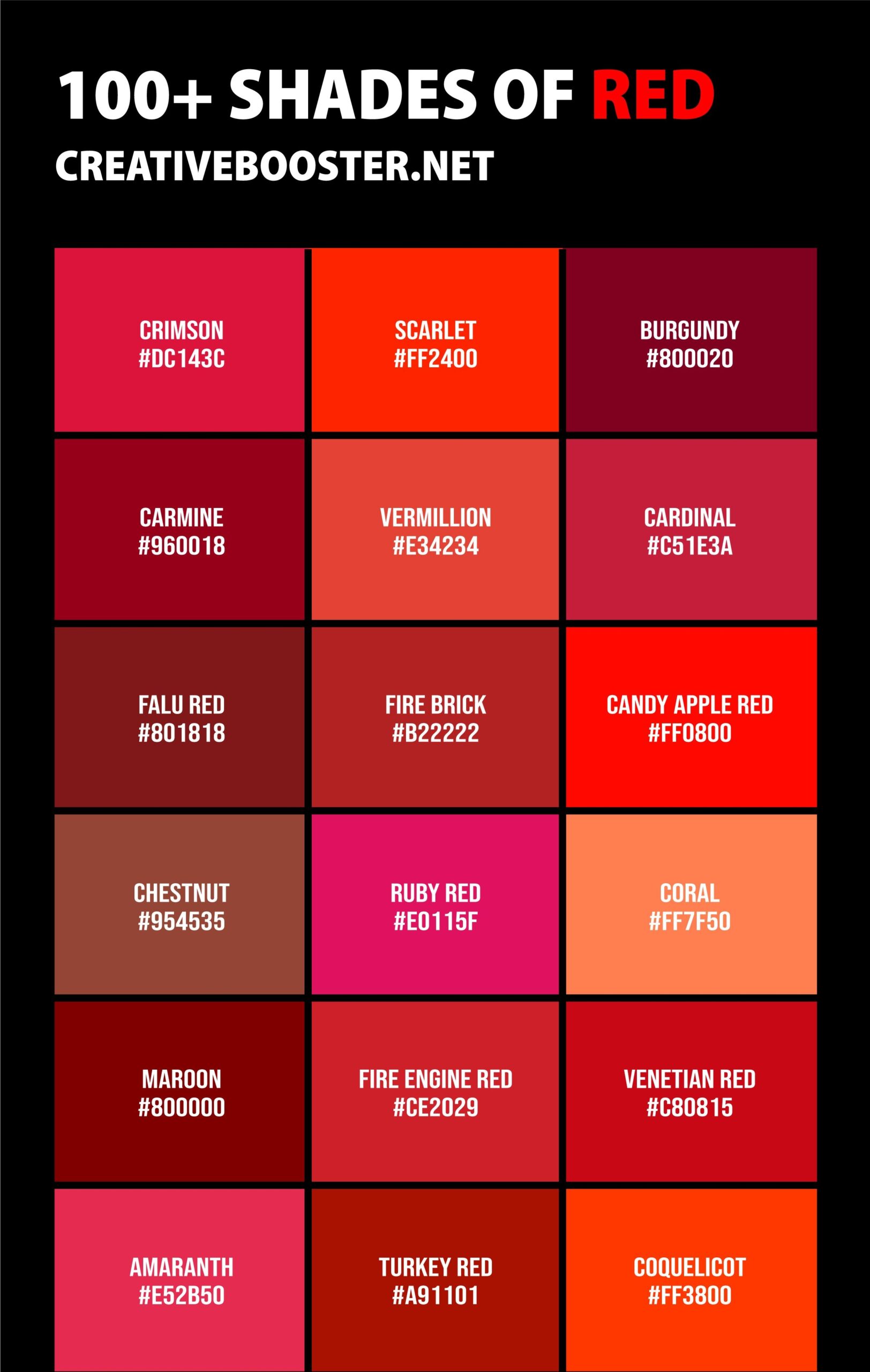 100 Shades Of Red Color Names HEX RGB CMYK Codes Shades Of 100 Shades Of Red Color Names HEX RGB CMYK Codes Shades Of