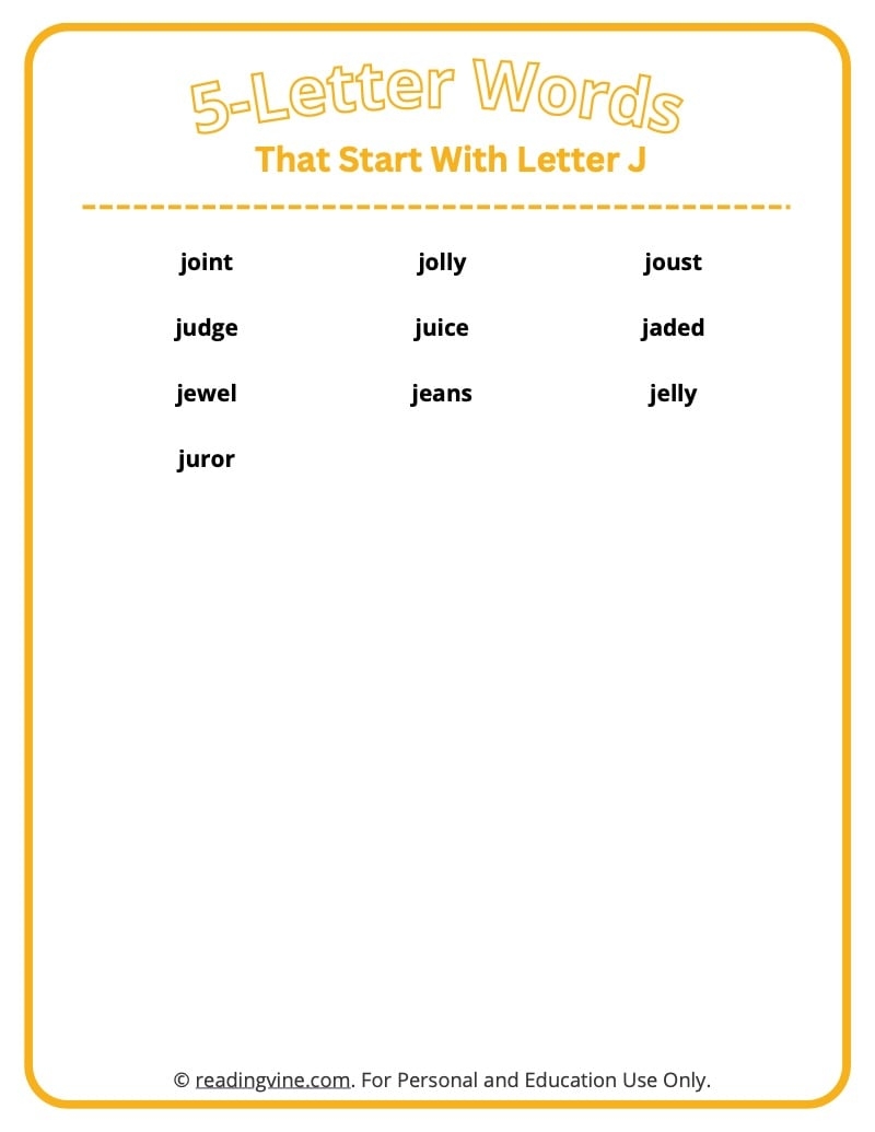 5 Letter Words That Start With J Printable List Worksheets 5 Letter Words That Start With J Printable List Worksheets