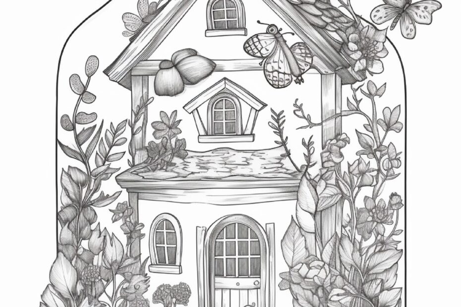 50 Printable Fairy Houses In Jar Coloring Pages For Adults Grayscale