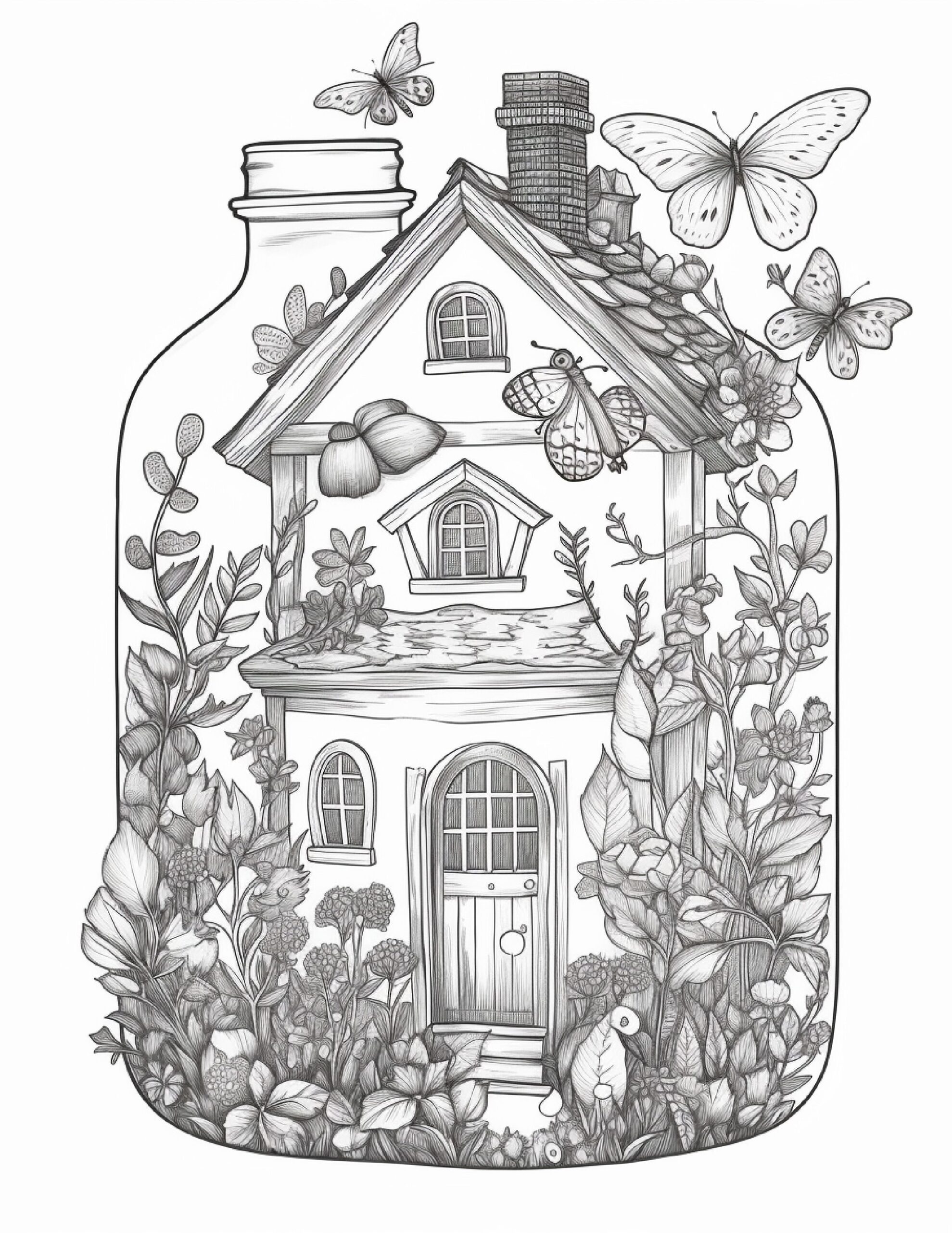 50 Printable Fairy Houses In Jar Coloring Pages For Adults Grayscale 50 Printable Fairy Houses In Jar Coloring Pages For Adults Grayscale