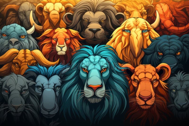 A Large Group Of Lions And Other Animals In Different Colors Stock 