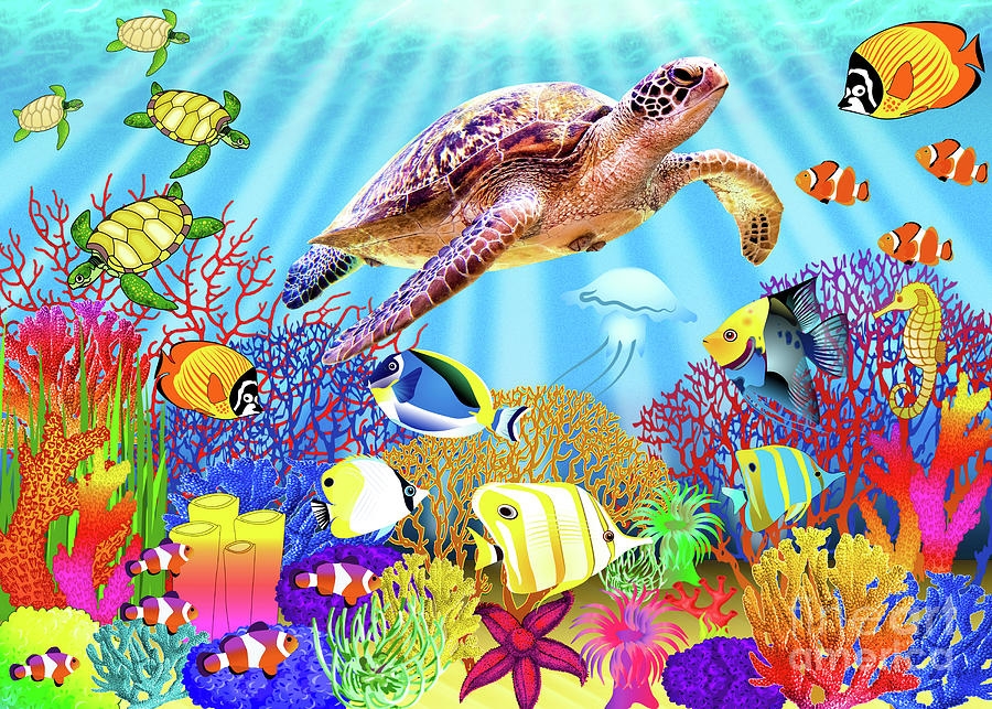 Challenging Tropical Reef Fish And Coral Sea Turtles Bright Colorful Challenging Tropical Reef Fish And Coral Sea Turtles Bright Colorful