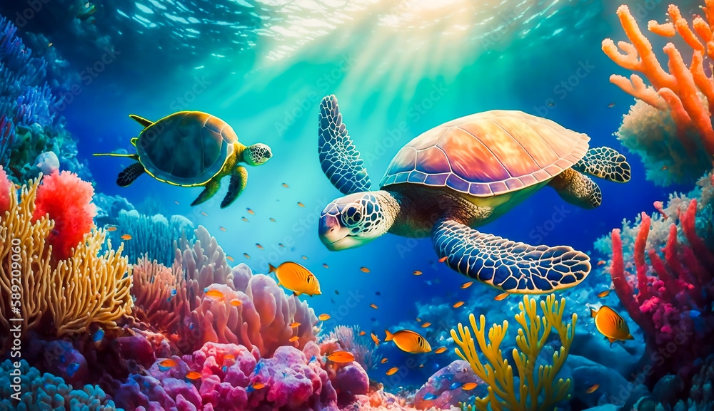 Colorful Turtles Underwater Colorful Turtles Underwater