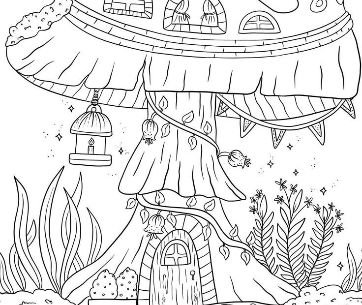 Cottagecore Mushroom Coloring Page Printable Adult Coloring Page