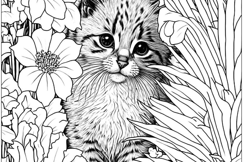 Cute Cat Behind Flowers 2 Free Coloring Page Guijarros Pintados