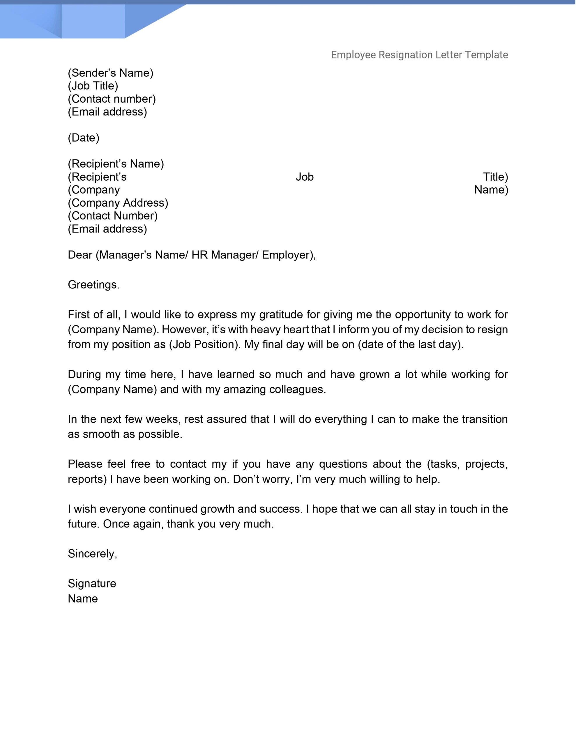 Employee Resignation Letter Template Employee Resignation Letter Template
