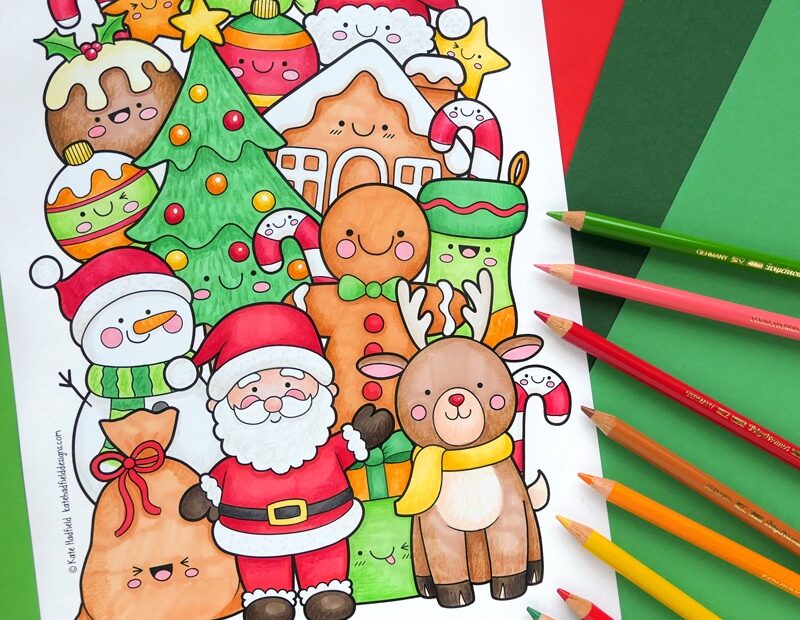 Kawaii Christmas Colouring Page Kate Hadfield Designs