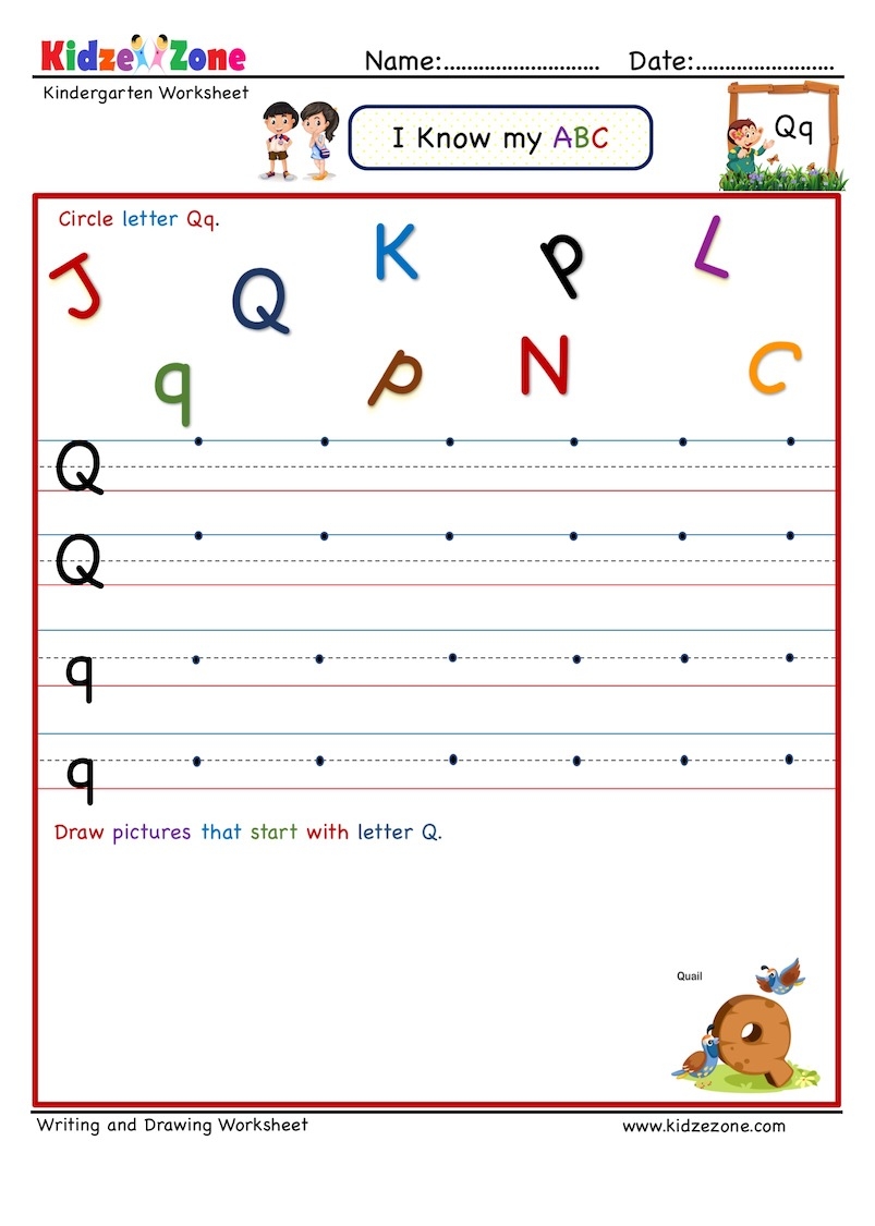 Kindergarten Letter Q Writing And Activity Worksheet KidzeZone