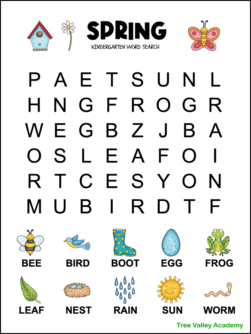 Kindergarten Spring Word Search With Pictures