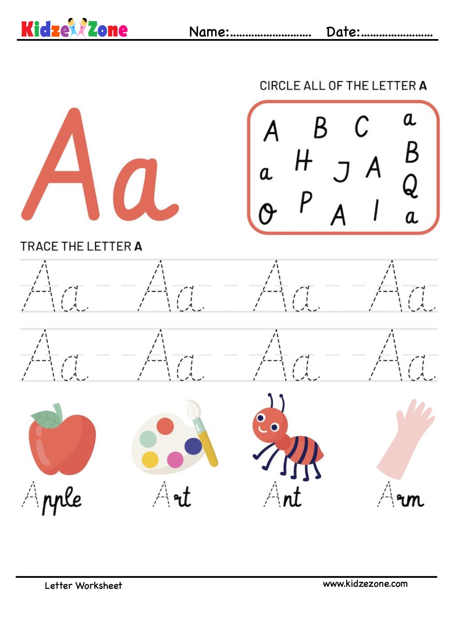 Letter A Tracing And Fun Worksheet KidzeZone Letter A Tracing And Fun Worksheet KidzeZone