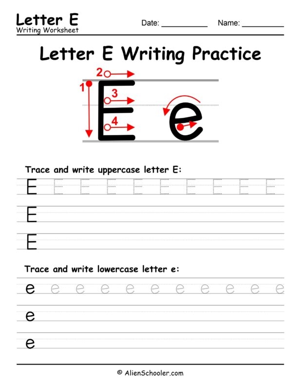 Letter E Writing Practice Worksheet PDF Alien Schooler Letter E Writing Practice Worksheet PDF Alien Schooler