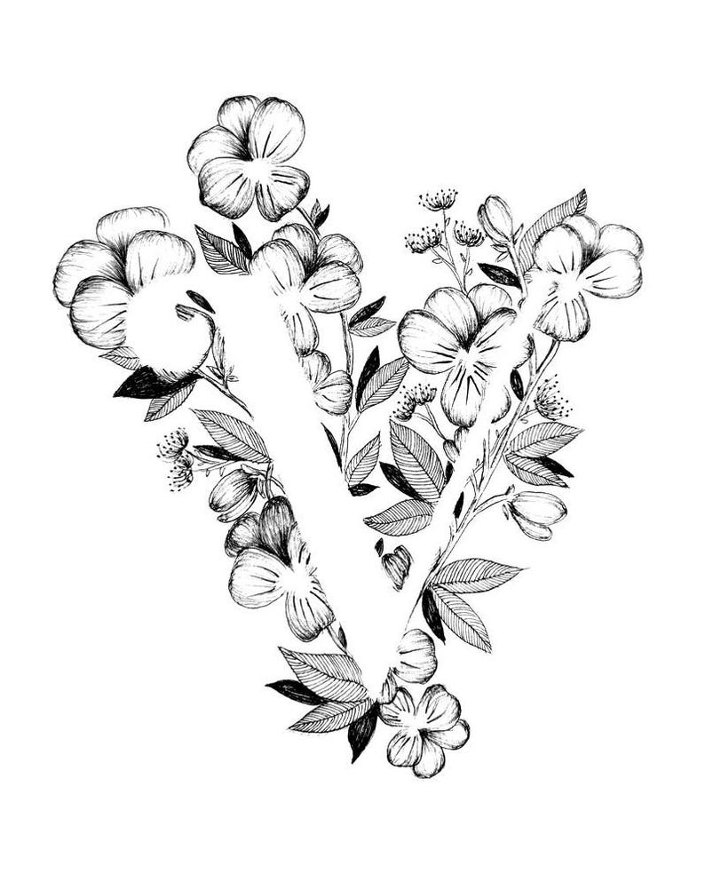 Letter V Print Alphabet Calligraphy Typography Monogram Flowers Letter V Print Alphabet Calligraphy Typography Monogram Flowers