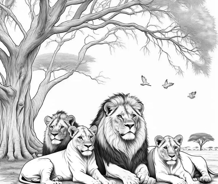 Lion Family Resting In African Savannah Coloring Page Pencil Drawings