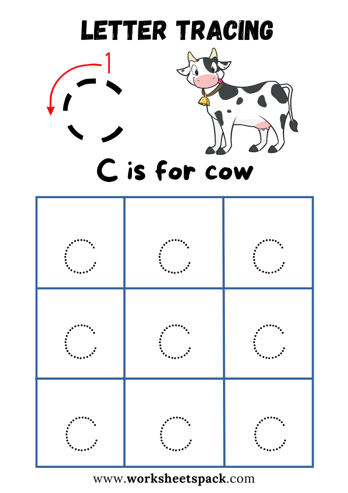 Lowercase Letter C Tracing Worksheet Printable C Is For Cow 