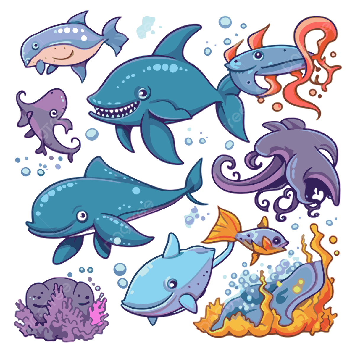 Ocean Creatures Clipart Cartoon Sea Animals Design In Color Vector Ocean Creatures Clipart Cartoon Sea Animals Design In Color Vector