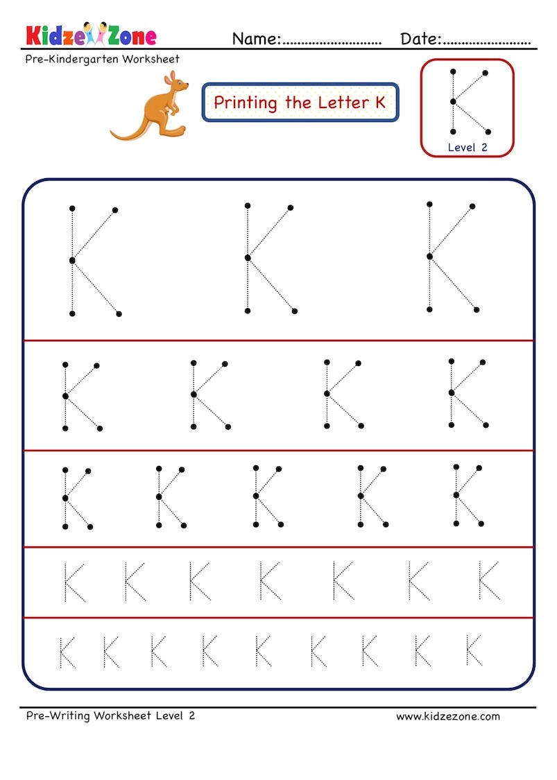 Preschool Letter K Tracing Worksheet Different Sizes KidzeZone