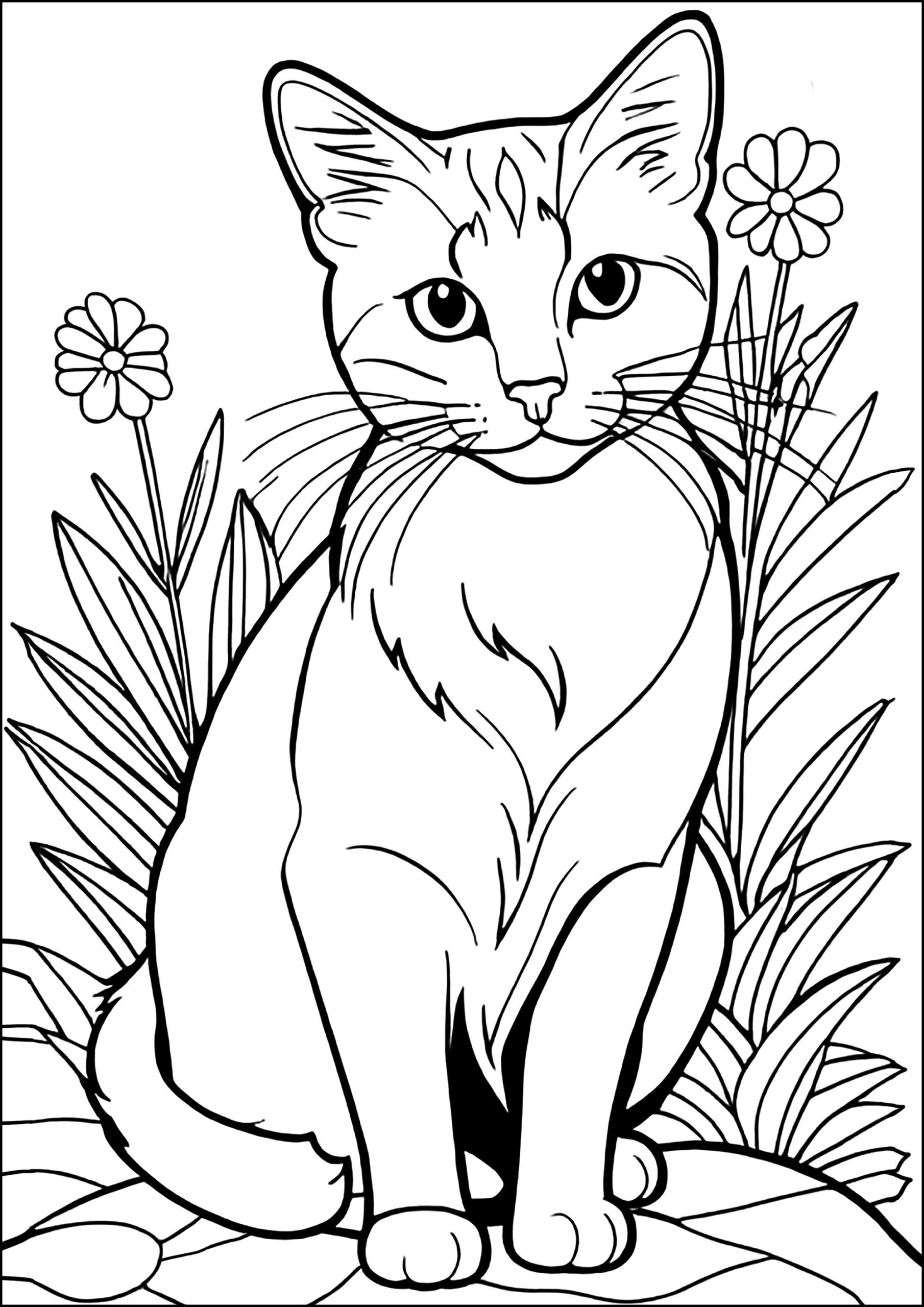 Pretty Cat And Flowers Cats Kids Coloring Pages