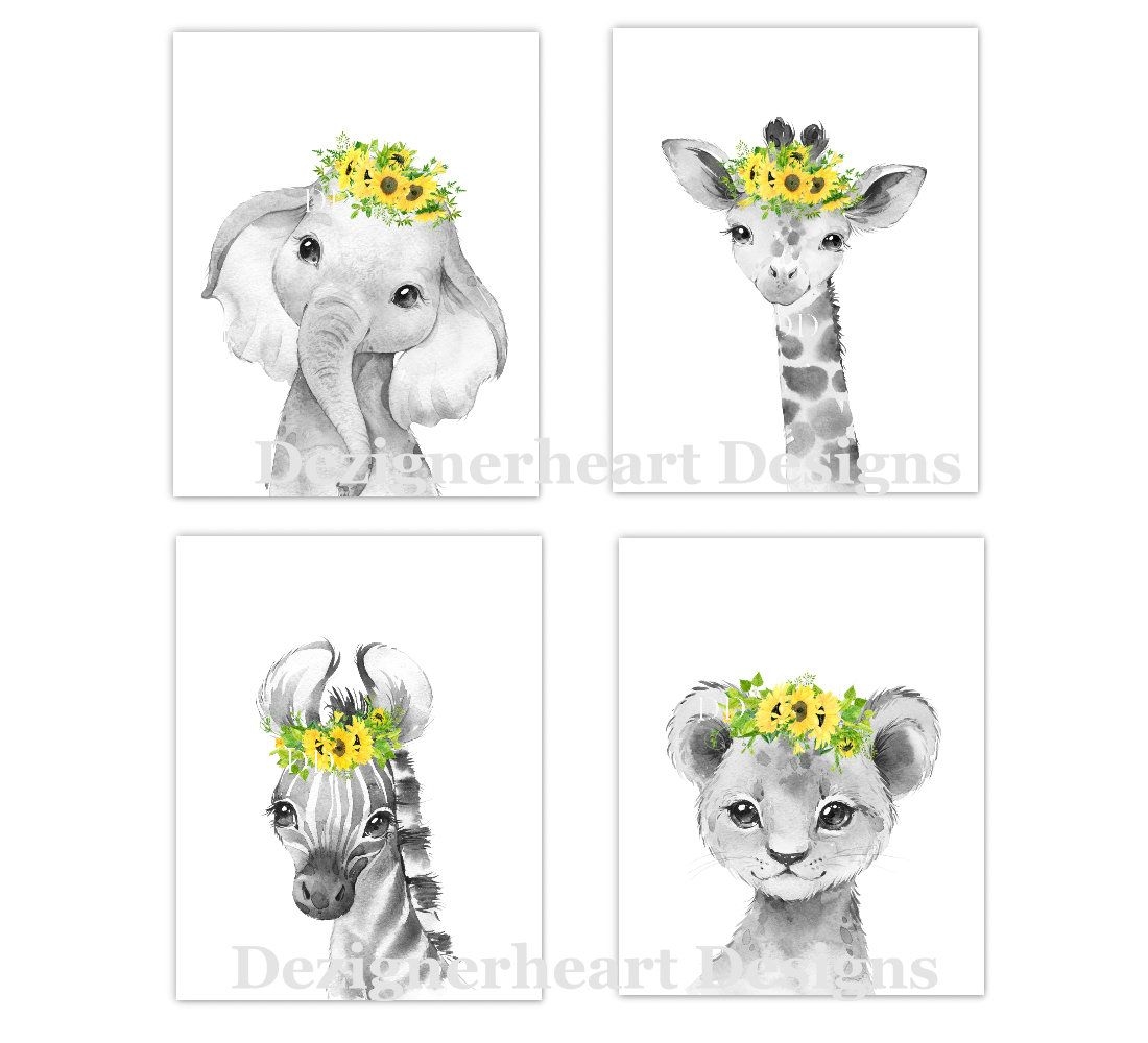 Safari Animals Baby Girl Nursery Wall Art Decor Yellow Sunflowers Safari Animals Baby Girl Nursery Wall Art Decor Yellow Sunflowers
