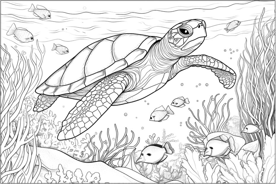 Sea Turtle With Seaweed And Fish Turtle And Tortoise Coloring Pages