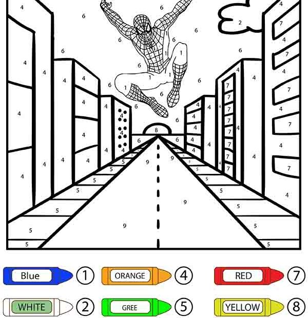 Spider Man Jumping On The Road Color By Number Coloring Page Free