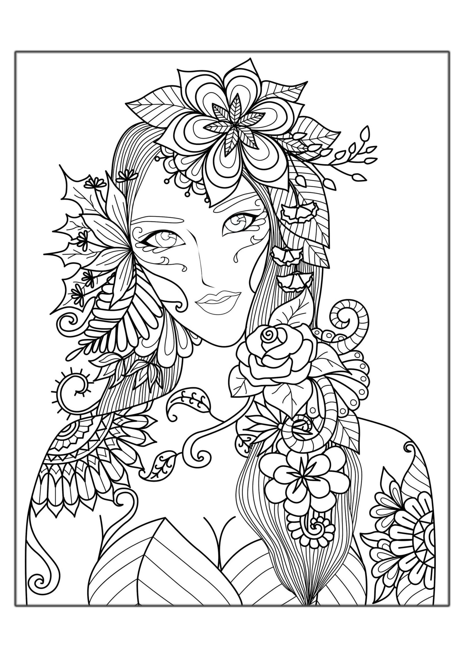 Woman Flowers Anti stress Zen Coloring Pages Woman Flowers Anti stress Zen Coloring Pages