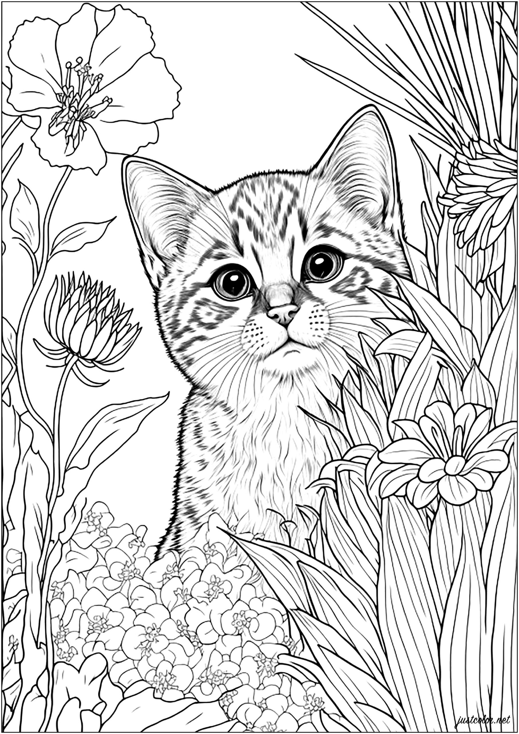 Young Cat Surrounded By Flowers Cat Coloring Pages For Adults Young Cat Surrounded By Flowers Cat Coloring Pages For Adults
