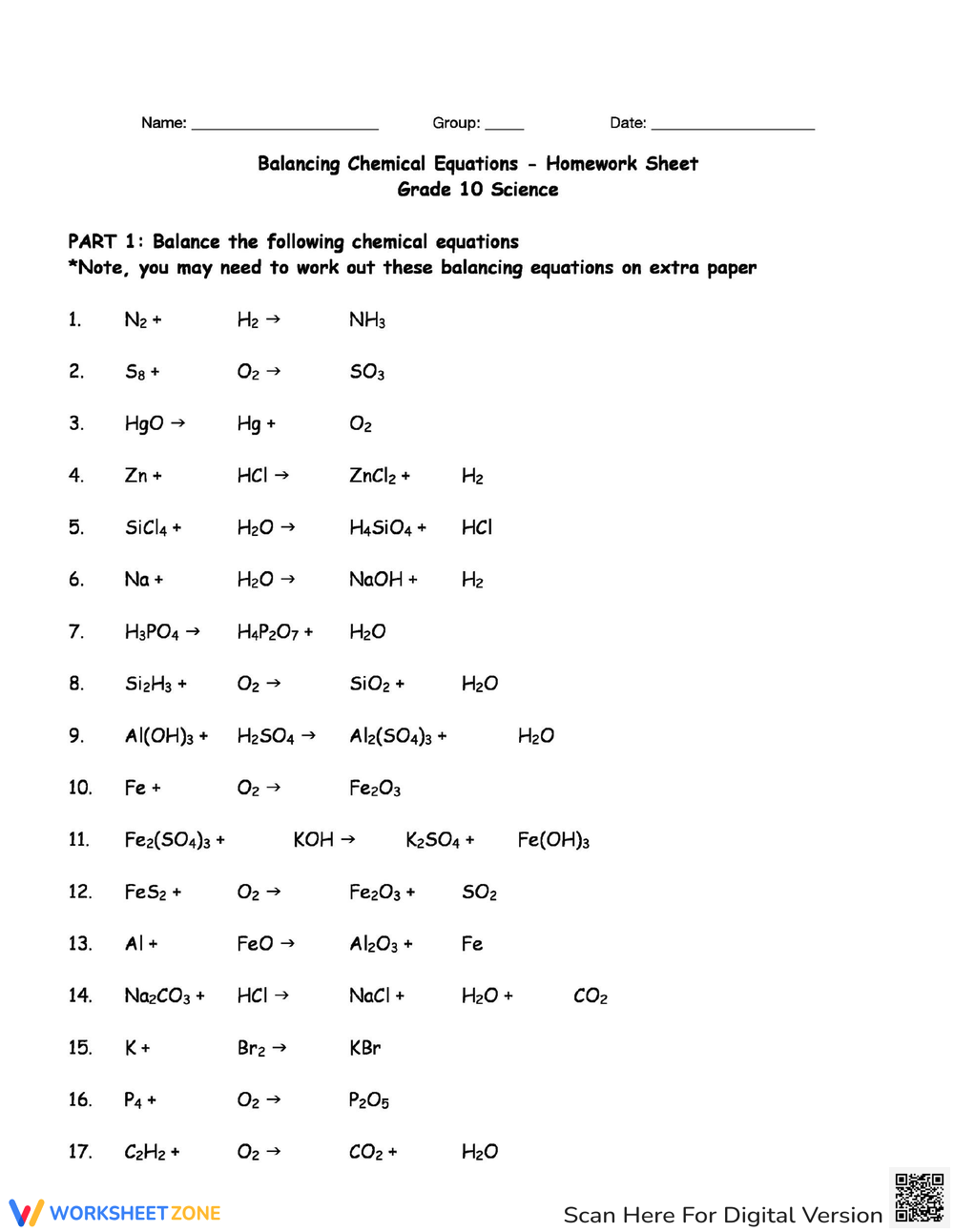 Balancing Chemical Equations For Chemistry Students Worksheets