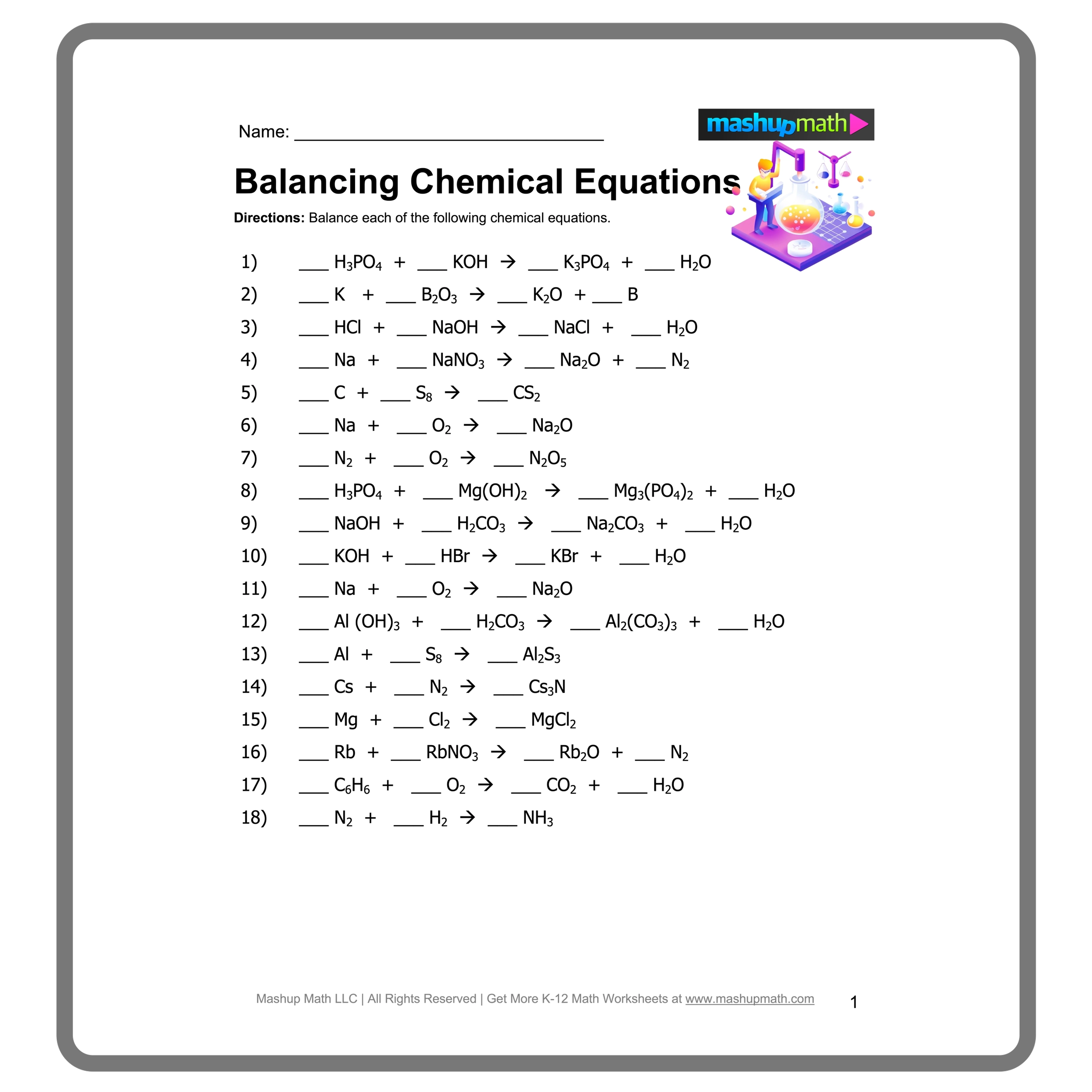Balancing Chemical Equations Worksheets with Answers Mashup Math