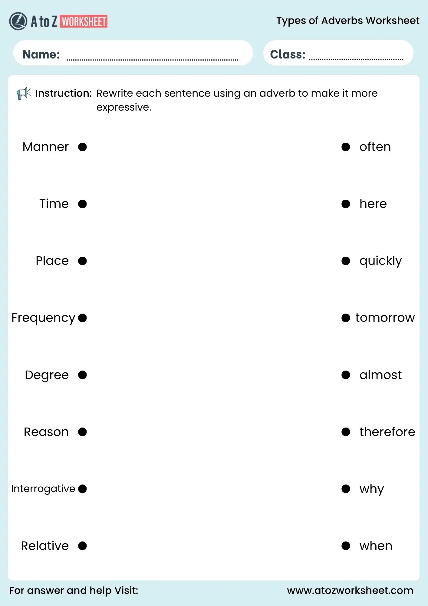 Kinds Of Adverbs Or Types Of Adverbs Worksheets With Answers And PDF A To Z Worksheet Kinds Of Adverbs Or Types Of Adverbs Worksheets With Answers And PDF A To Z Worksheet