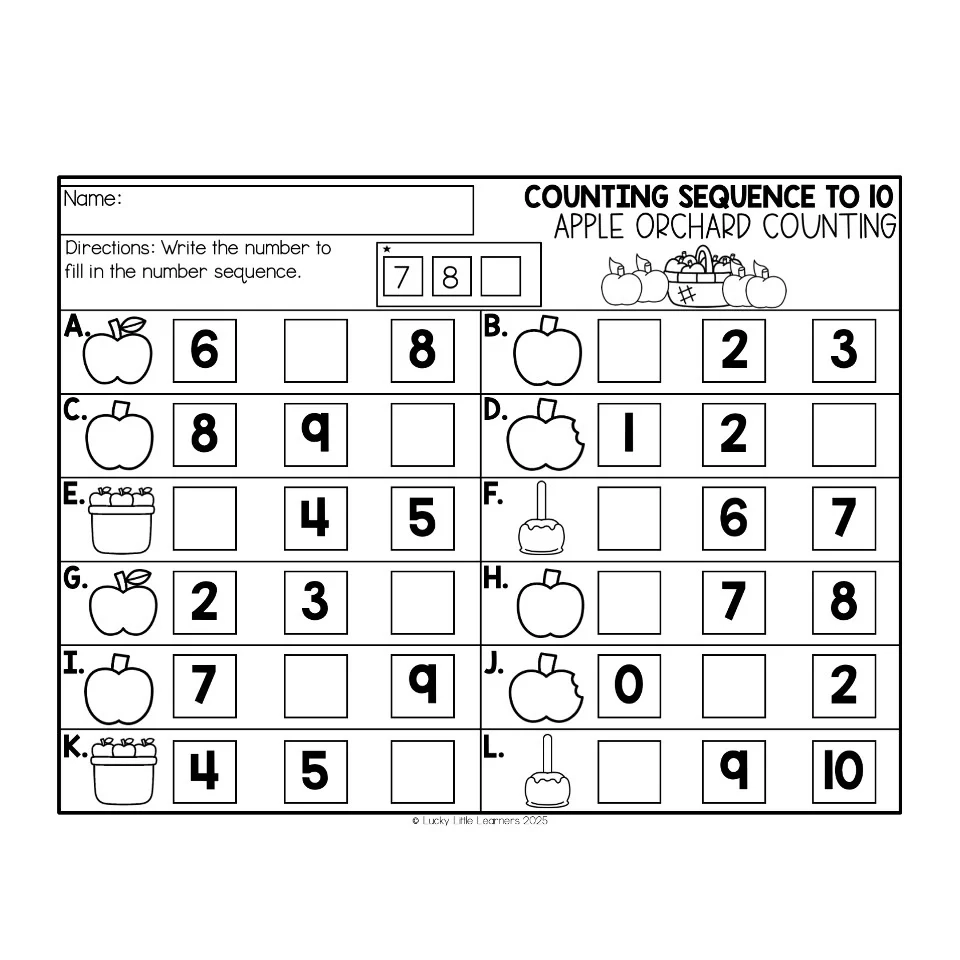 Math Worksheet September Counting Sequence To 10 Apple Orchard Counting Lucky Little Learners