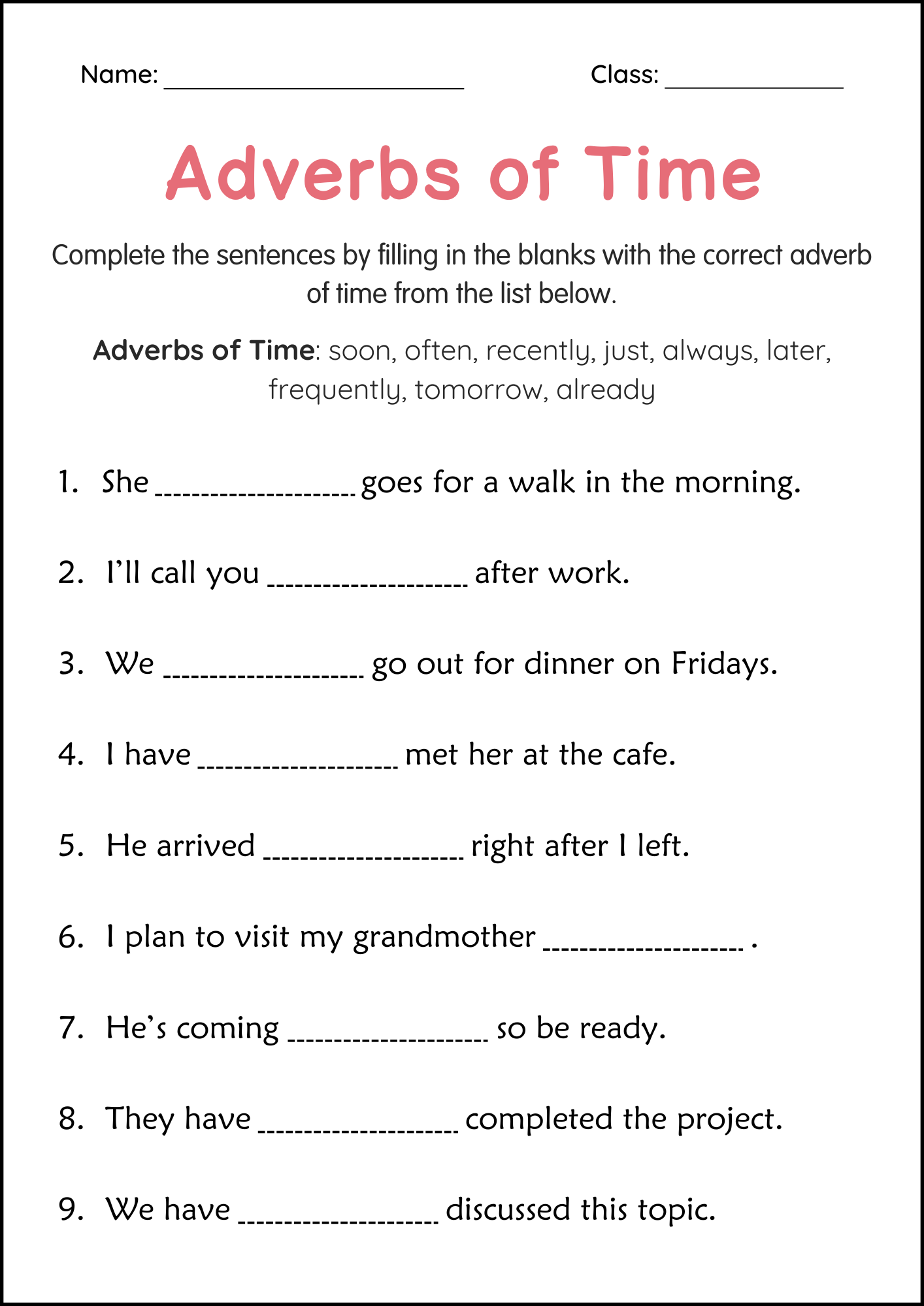 Printable Adverbs Of Time Grammar Worksheets For Grade 1 2 3 Teaching Resources Printable Adverbs Of Time Grammar Worksheets For Grade 1 2 3 Teaching Resources